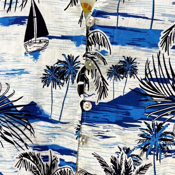 C&C California Top womens Large Blue crop front tie button beach Hawaiian Blouse - Picture 8 of 16